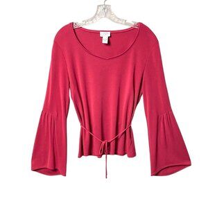 Ann Taylor Loft Women's Long Bell Sleeve Waist-Tie Top L Red Rayon Blend Blouse